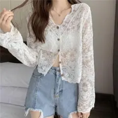 レディース ジレ レース おしゃれ 前開き薄手ショート丈 花柄 透かし編み#