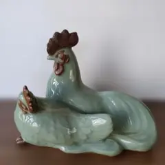 青磁 鶏 置物 ペア 陶器 縁起物　和風インテリア