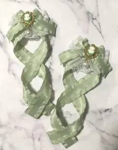 量産型 クロス ヘアクリップ フリル姫リボン♡アンティークグリーン♡