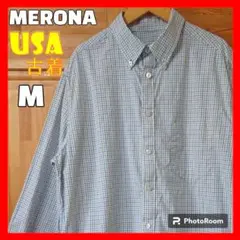 USA 古着 MERONA 長袖シャツ M ボタンダウン チェック ホワイト