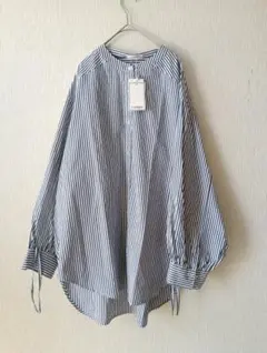 新品　2way バンドカラー　ネイビー/ホワイトストライプ 長袖シャツ 4L