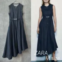 ZARA デニムワンピース アシンメトリー ダークブルー ロング ノースリーブ