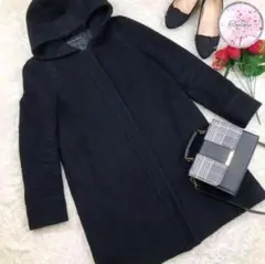 【シンプルなフード付きコート！】38　M　ウールコート　ノームコア　黒　古着女子