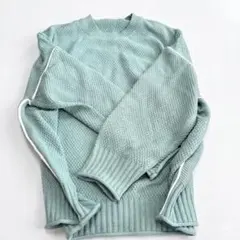 【美品】サイドライン ワッフル編み クルーネックニット ミントグリーン