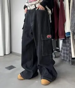 セダクル sedacle カーゴワイドデニム ブラック S ワンポイント ロゴ