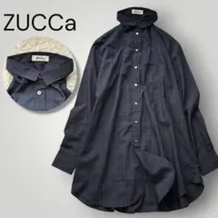 ZUCCa ズッカ　変形ハイネック　ロングシャツ　ウィンドウペン ネイビーのサムネイル