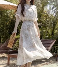 DAY CLOSETレディース 小花柄ボウタイシフォンAラインリゾートワンピース