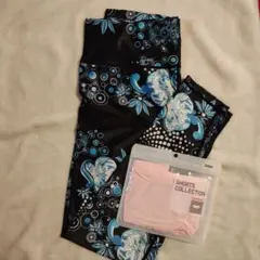 LEGGINGS LAB.黒地花柄ヨガウェア XLとシームレスショーツXL付き