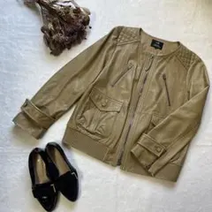 23区 キャメル ノーカラー シープレザージャケット 羊革 大きいサイズ 48