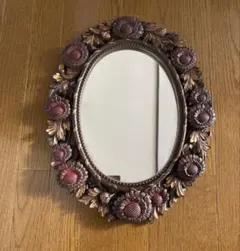 昭和レトロ ビンテージミラー 鏡 壁掛け 花のモチーフ横40×高さ49cm