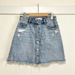 ZARA ダメージ デニム ミニスカート XS ボタン 台形 ジーンズ トレンド