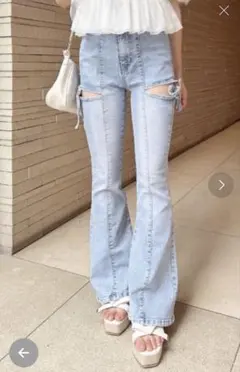 INGNI サイドリボンカットアウトフレアデニムパンツ M