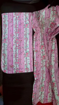 ピンク花柄長袖浴衣と赤帯