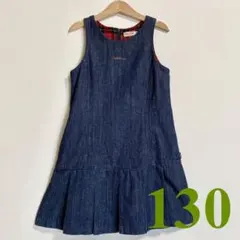 美品 ミキハウス デニムワンピース 130 赤チェック プリーツ ロゴ刺繍