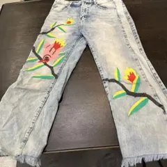 H1.JEANS 花柄刺繍 ワイドレッグデニムパンツ