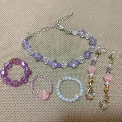 ビーズアクセサリー５点セット（紫・ピンク）