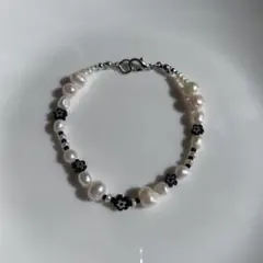 289淡水パールブレスレット　ブラックフラワー