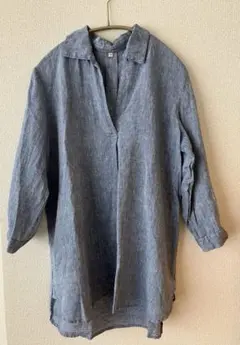 無印良品　リネン ネイビー Vネックシャツ 長袖