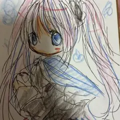 手描きイラスト女の子 赤ずきん リボン オリジナル アナログ 色紙 原画