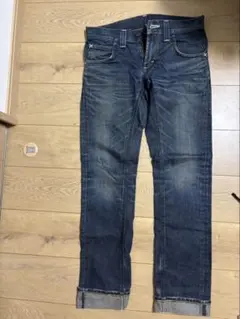 ダメージ加工 ダークブルー ストレートジーンズ