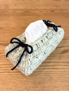 ティッシュケースカバー 手編み かぎ針編み ナチュラルカラー 水色