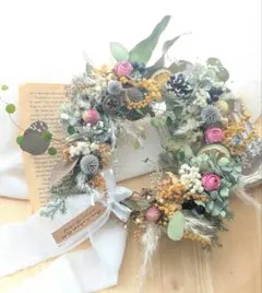 Natural＊ミモザ＆薔薇＆ユーカリ☆ドライフラワー三日月リース　　秋色紫陽花