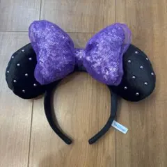 ミニーマウス風カチューシャ 黒紫 スパンコール　ディズニーカチューシャ
