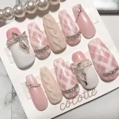 【現品】フレンチガーリー ワンホン 韓国 ピンク チェック×ニット ネイルチップ