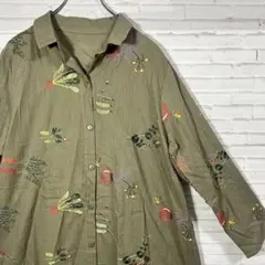 COLZA コルツァ 刺繍入り オリーブグリーン 七分袖ワンピース MLサイズ