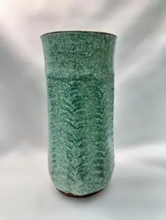 【美銘】結晶釉 しのぎ 筒花入 緑釉 花瓶 花器 現代和モダン ※陶印あり①