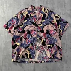 好配色！ 】 テロ感 アロハシャツ 総柄 オーバーサイズ ネイビー バイ 