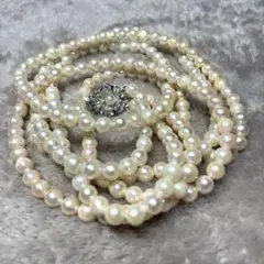 アコヤ真珠？ 2連ロングネックレス SILVER刻印 径約4-6mm パール