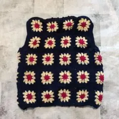 レトロ 花柄 グラニースクエア かぎ編み ニットベスト ブラック×レッド 古着