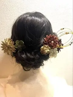 ゴールドブラウンつまみ細工髪飾り 多色 花モチーフ水引