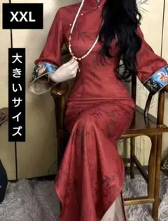 チャイナドレス　冬　裏起毛　朱色　赤　ロングワンピース　暖かい　漢服