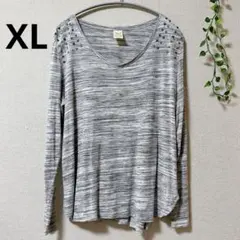 Faded Glory 【XL】Vネック長袖 Tシャツ グレー スタッズ