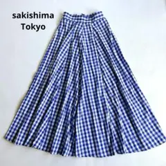 サキシマトーキョー　ギンガムチェック　フレアマキシスカート　Sサイズ　ブルー