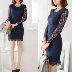 韓国 総レースワンピース ネイビー M 結婚式 パーティー お呼ばれ