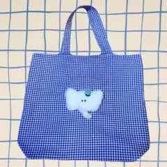 【ハンドメイド】トートバッグ 古着 ギンガムチェック ぞう刺繍 ブルー ネイビー