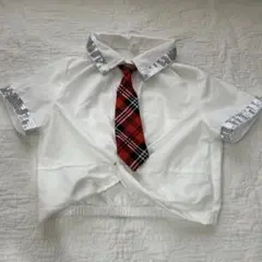 白半袖シャツ 白ブラウス　赤ネクタイ　150 コスプレ　ダンス衣装に　手作り
