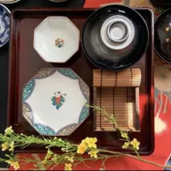 大聖寺伊万里 金襴手 捻り紋に花 巻物に芭蕉葉の図 4寸皿 F615AS-DFb