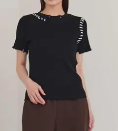 配色ステッチダメージトップス　半袖のサムネイル