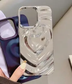 韓国 ハート メタル カバー iPhone15 シルバー iPhoneケース