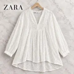 ZARA ペイズリー刺繍 スキッパー シアーチュニック M 白 フリル コットン