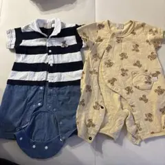 petit main ストライプ・クマ柄ロンパース2点セット