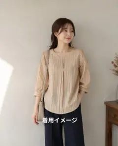 ドレスキップパールストライプ 長袖シャツブラウス ボーダーベージュと青のサムネイル
