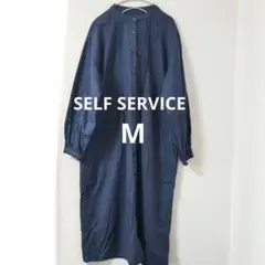 グレーネイビー色 バンドカラー 長袖ワンピース