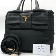 美品✨プラダ ハンドバッグ リボン 2way キルティング 黒 ボンバー ロゴ