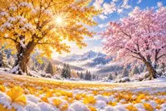 雪景色　銀杏と桜　奇跡の風景　インテリア　風景画　冬　春　いちょう　C289