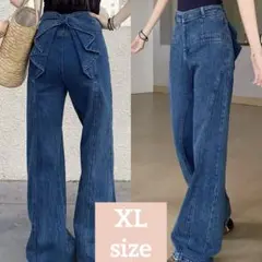 バックリボンデニム XL ハイウエスト ストレート デニム 美脚 脚長 可愛い